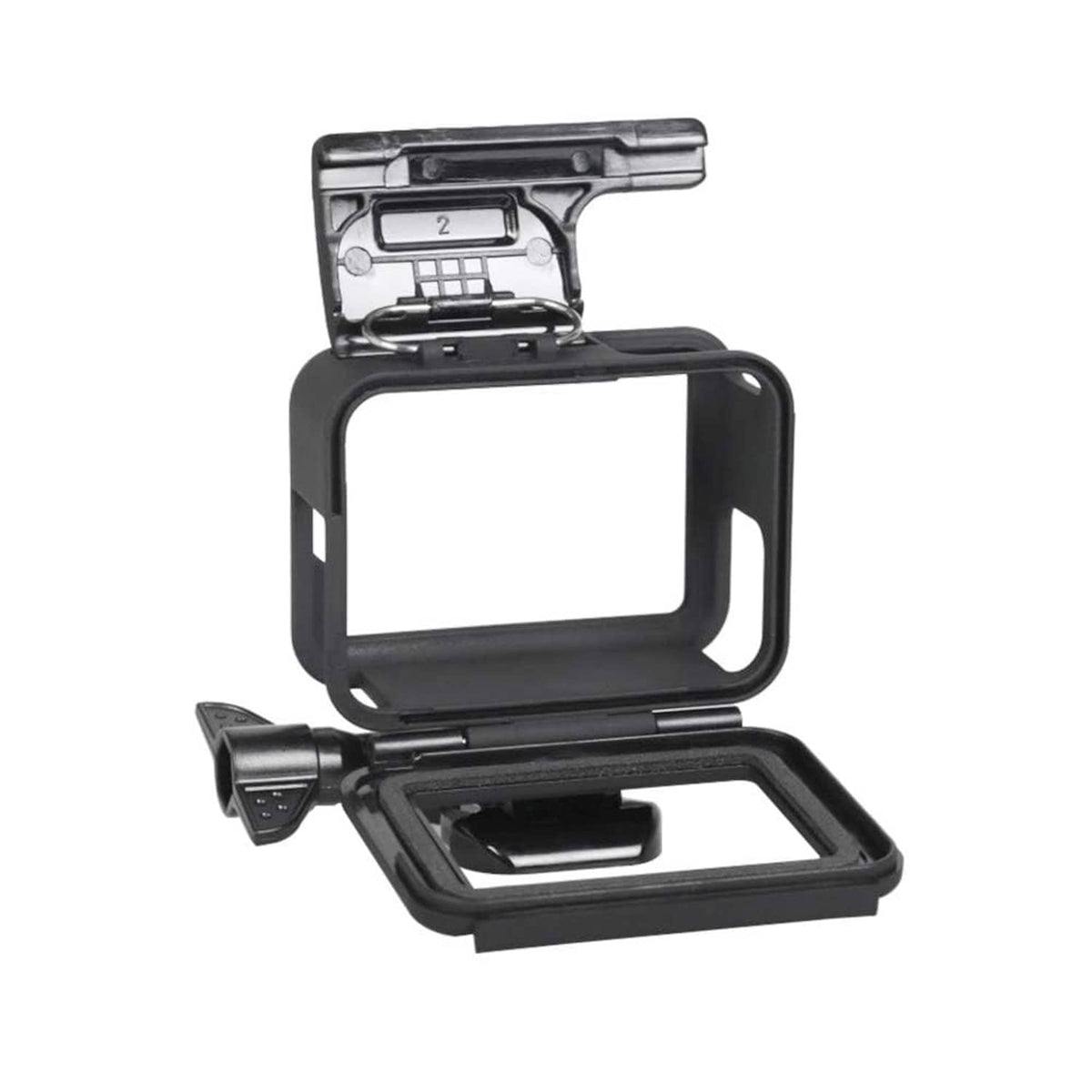 Black action camera frame housing with open protective shell and mounting base