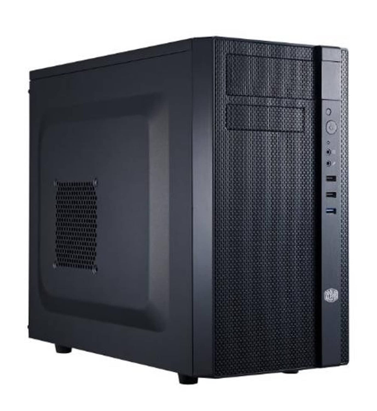 Black mini tower PC case with solid side panel and fully meshed front