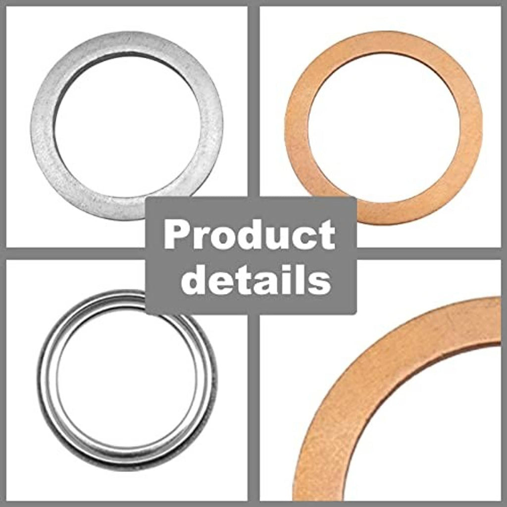 Crush washer gasket set close-up: gray and copper circular rings
