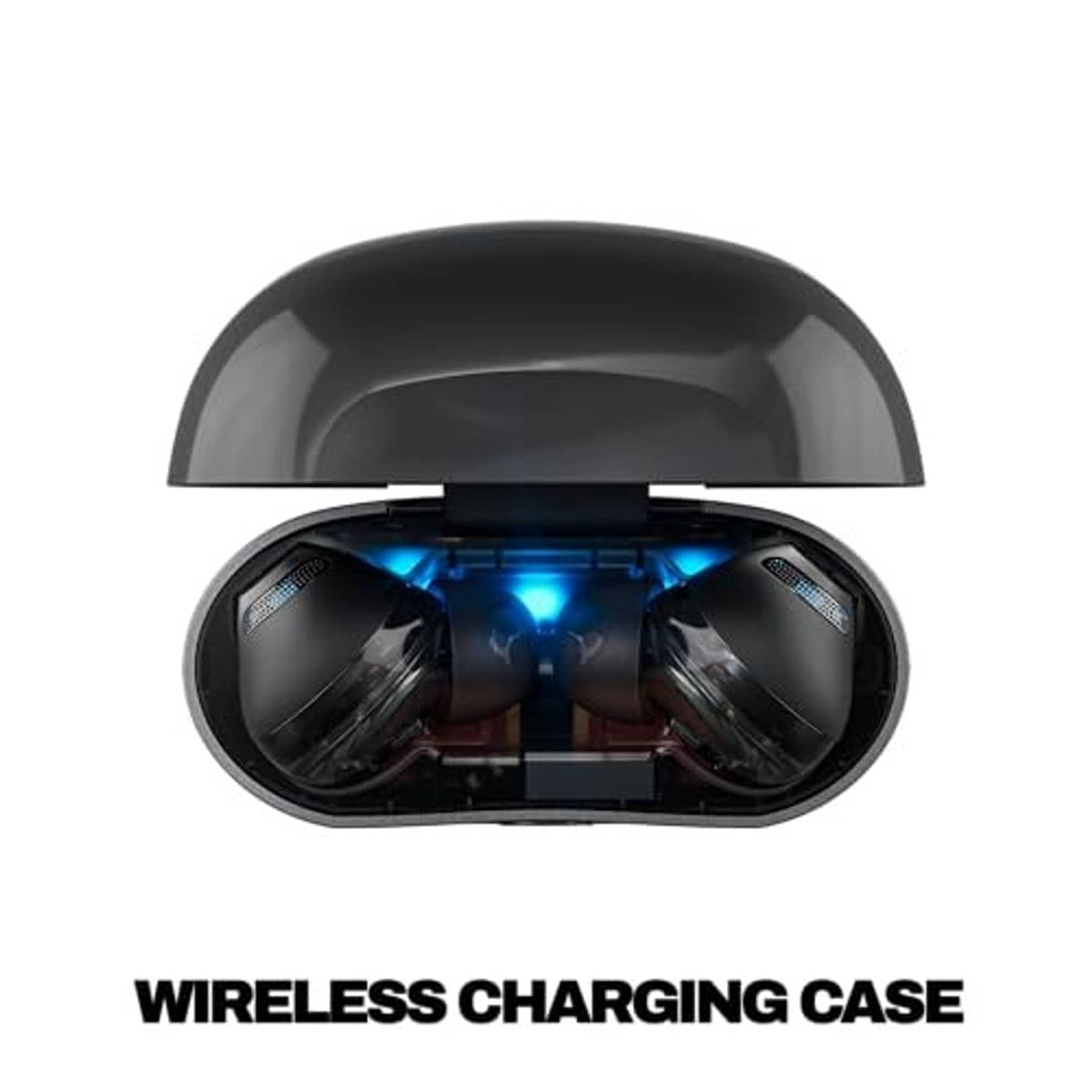 Open black charging case with earbuds visible and blue indicator lights