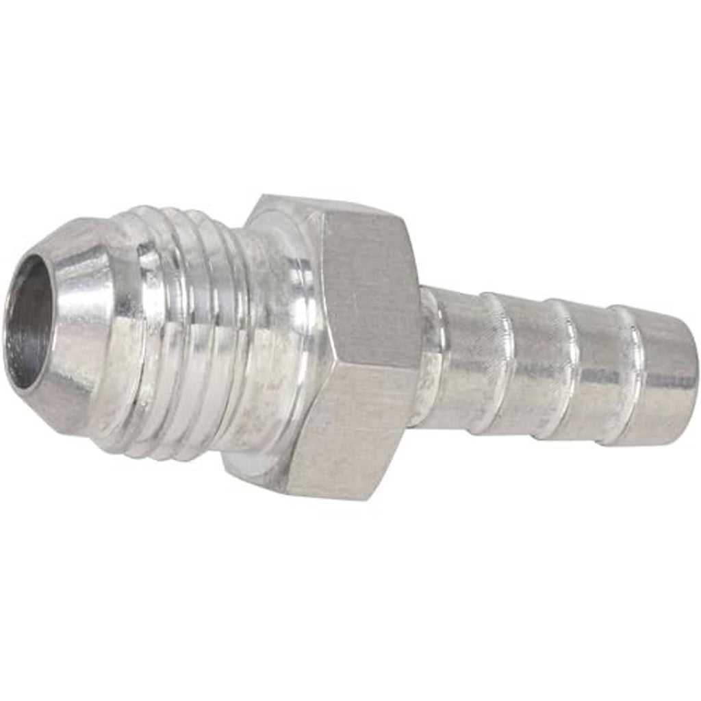 Aluminum AN flare hose barb adapter with hex body and ribbed threads