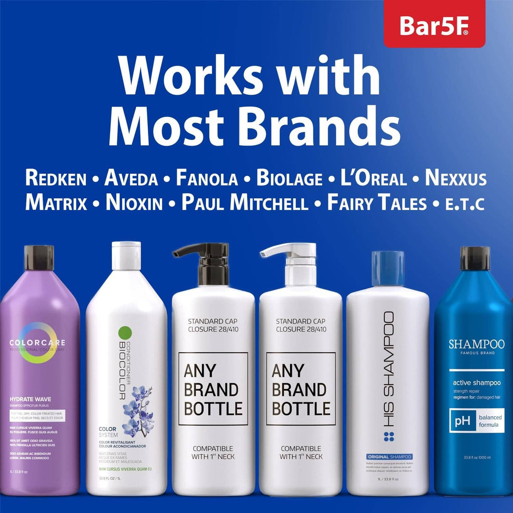Assorted shampoo bottles with compatible standard pump caps