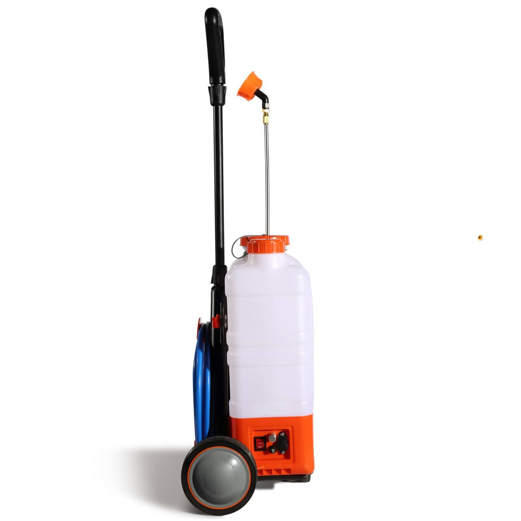 Wheeled battery backpack sprayer with 4-gal tank, orange control box and black wand