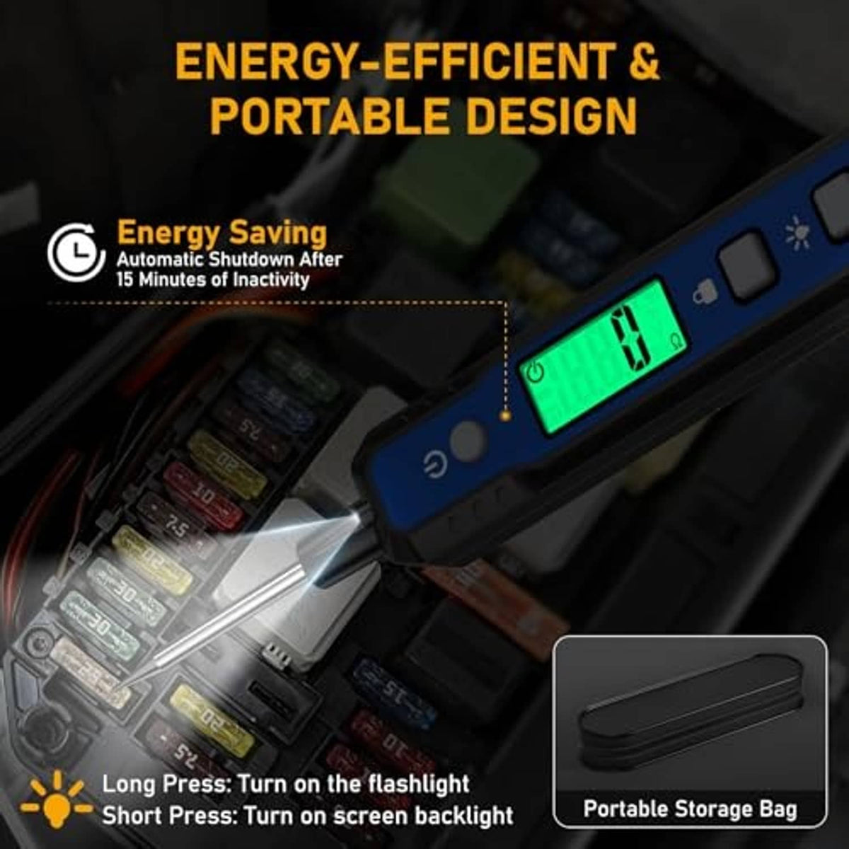 Blue portable automotive test light with green digital screen, probe tip, and storage bag shown