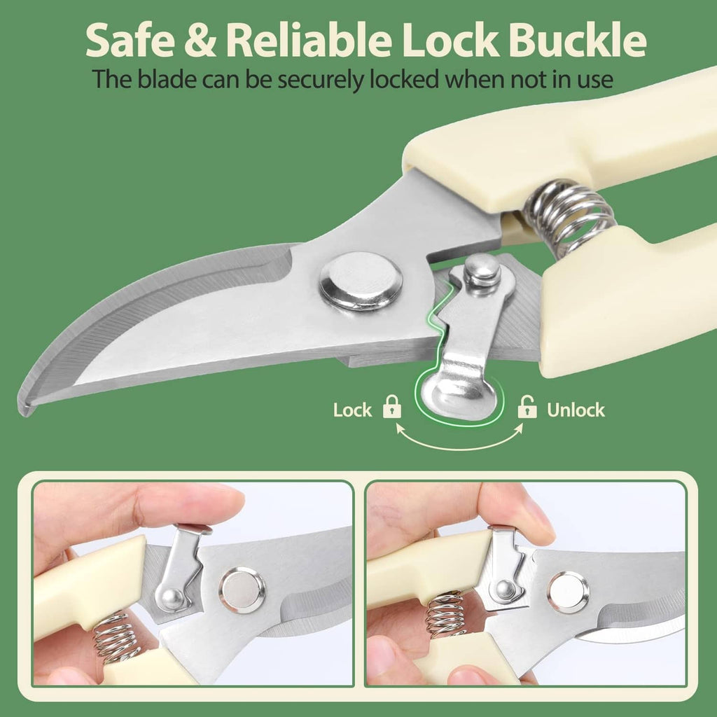 Pruning shears with spring lock buckle, cream handle and stainless steel blade