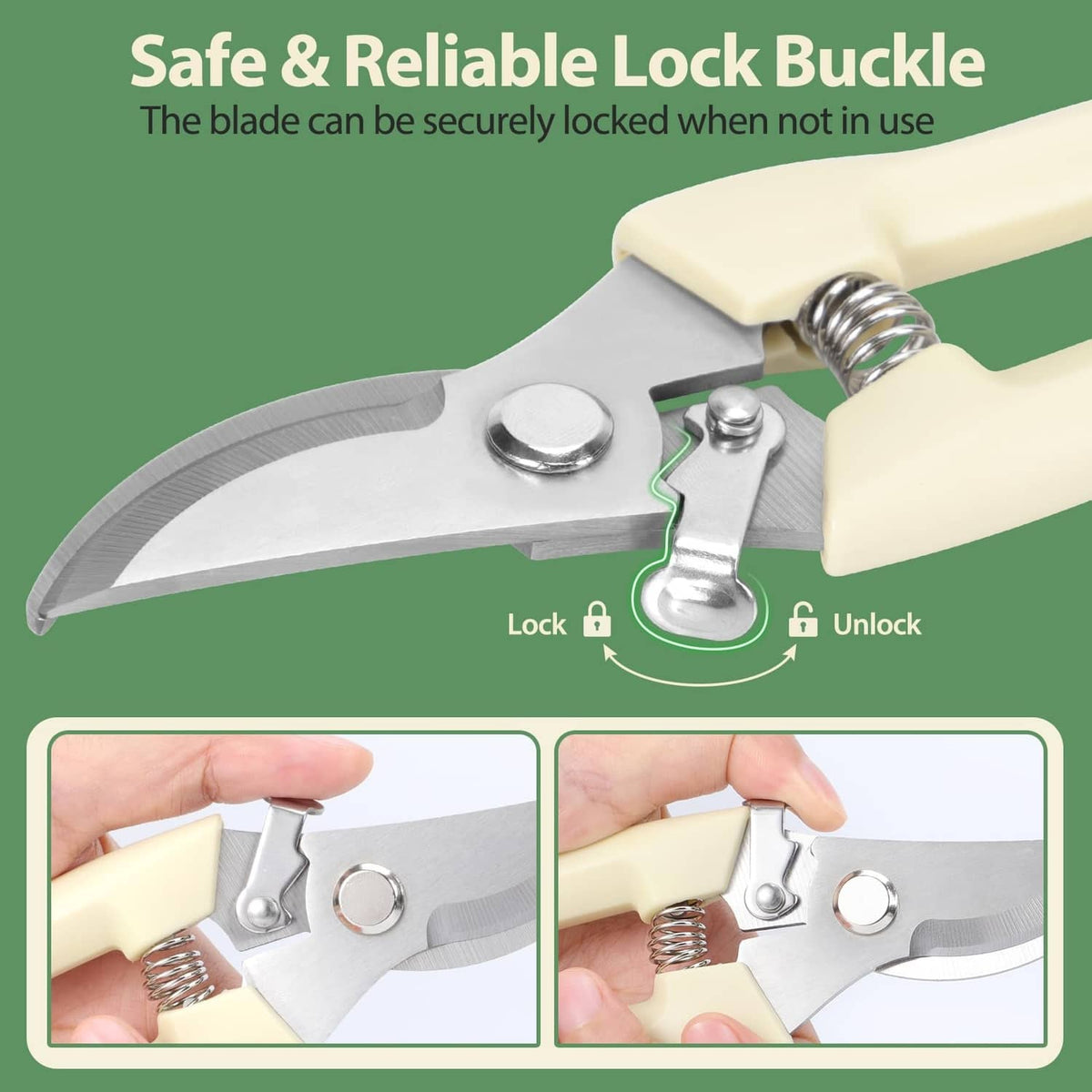 Pruning shears with spring lock buckle, cream handle and stainless steel blade