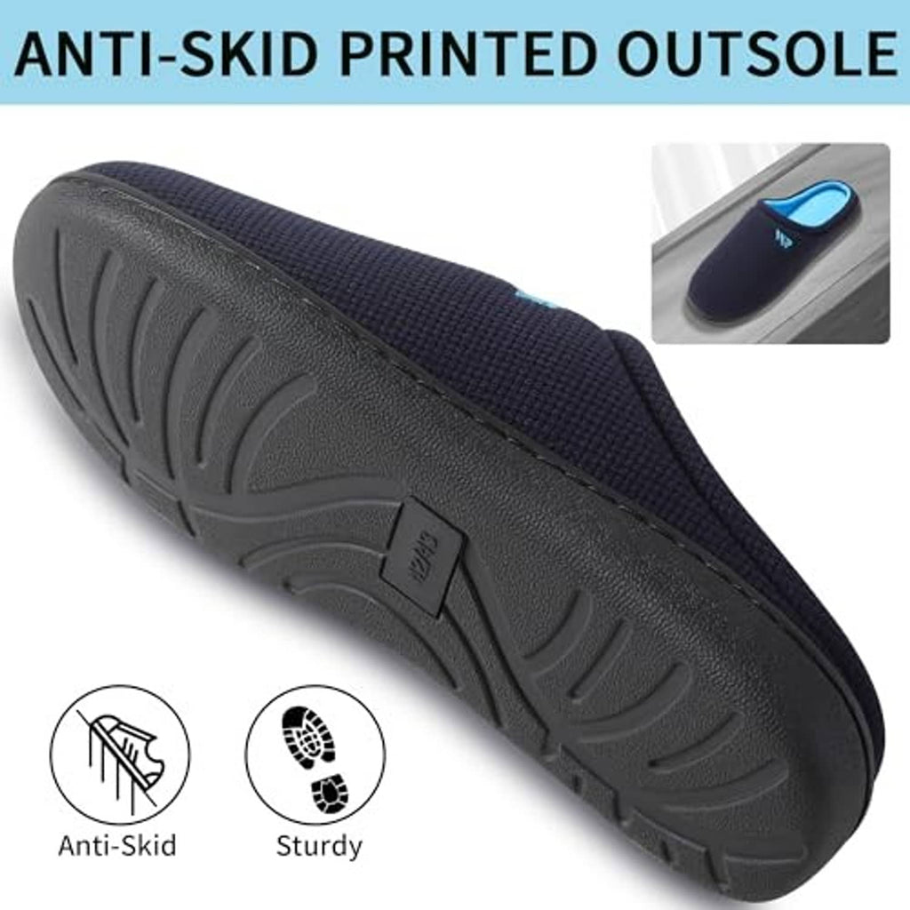Navy slip-on slipper outsole with textured anti-slip tread pattern