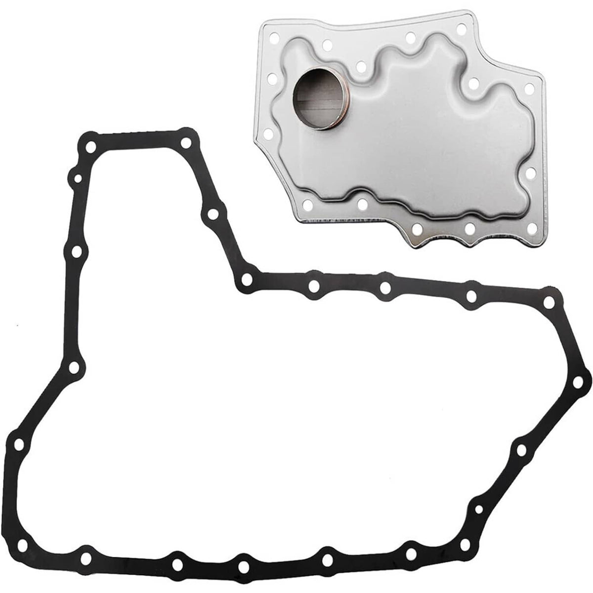 Transmission filter housing and gasket set, silver metal plate with black gasket