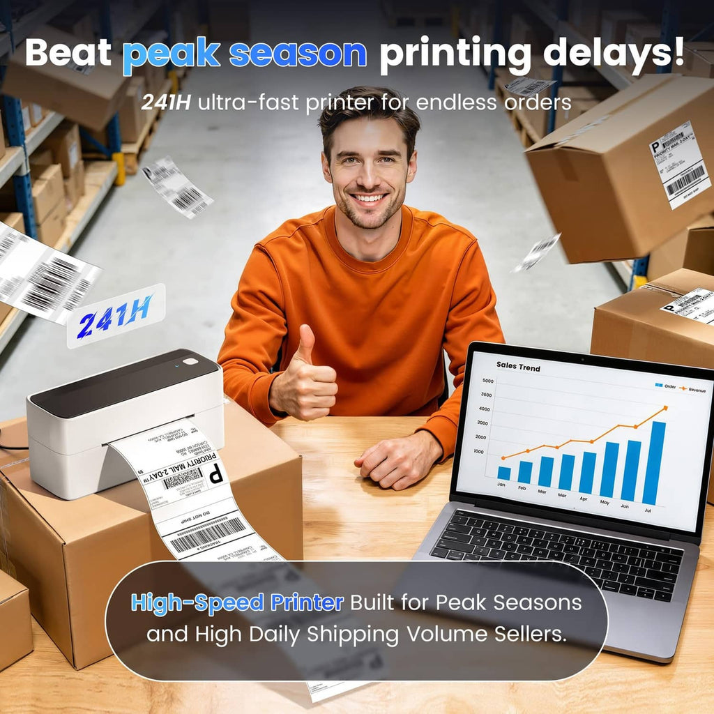 Wireless shipping label printer on desk with printed labels and laptop nearby