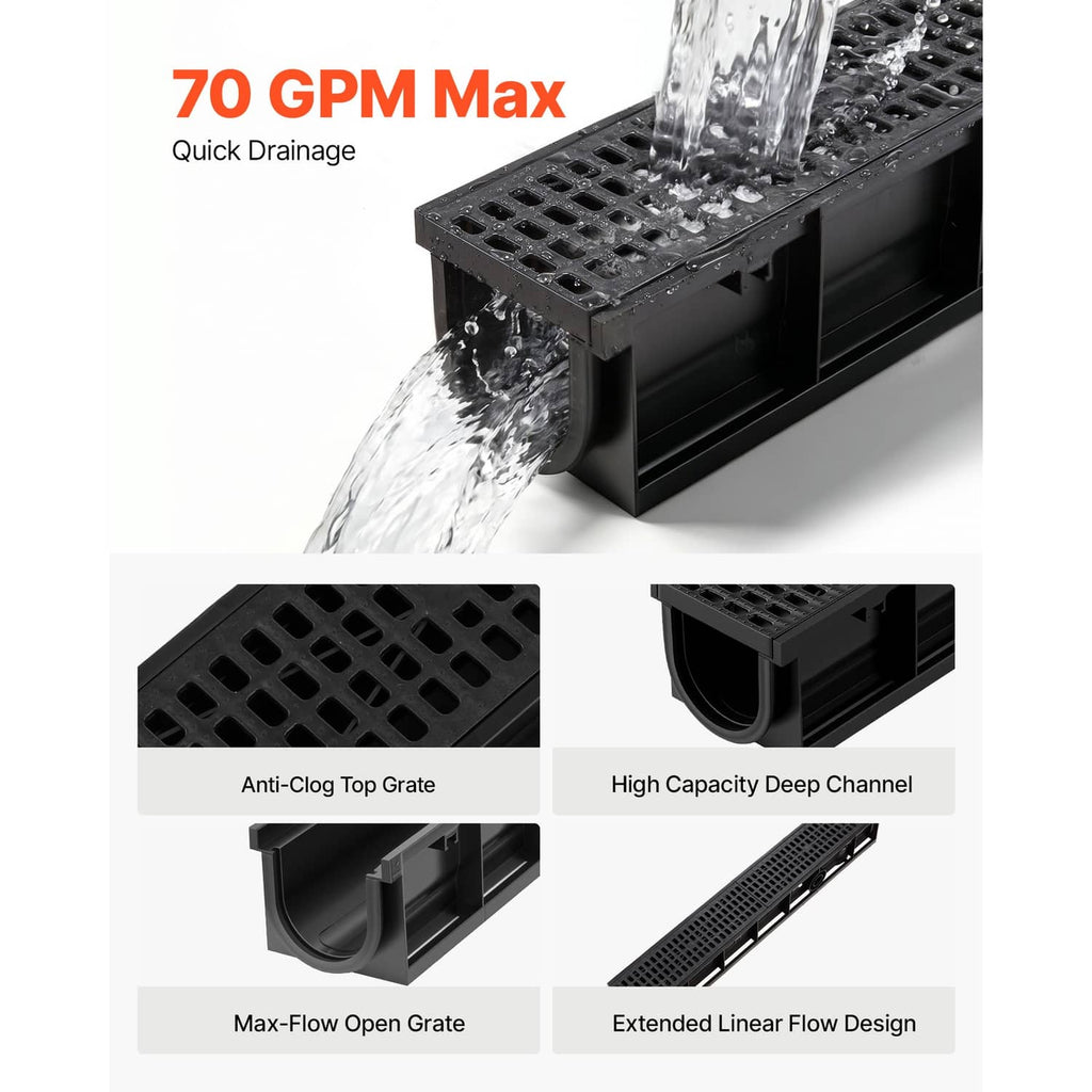 HDPE linear drainage channel with grated top and deep channel slot, water flow shown