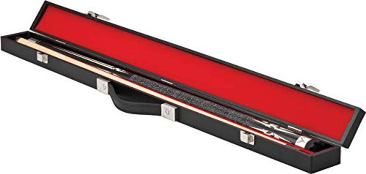 Black billiard cue hard case with red interior and divider, holding cue pieces