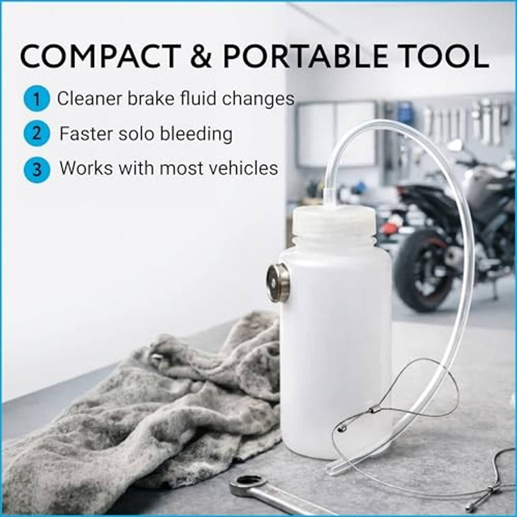 Compact portable brake bleeder tool: white reservoir bottle with clear hose and clips