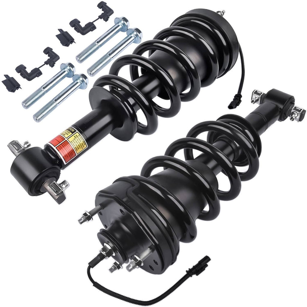 Front shock strut pair with coil springs, control lines, and included mounting bolts