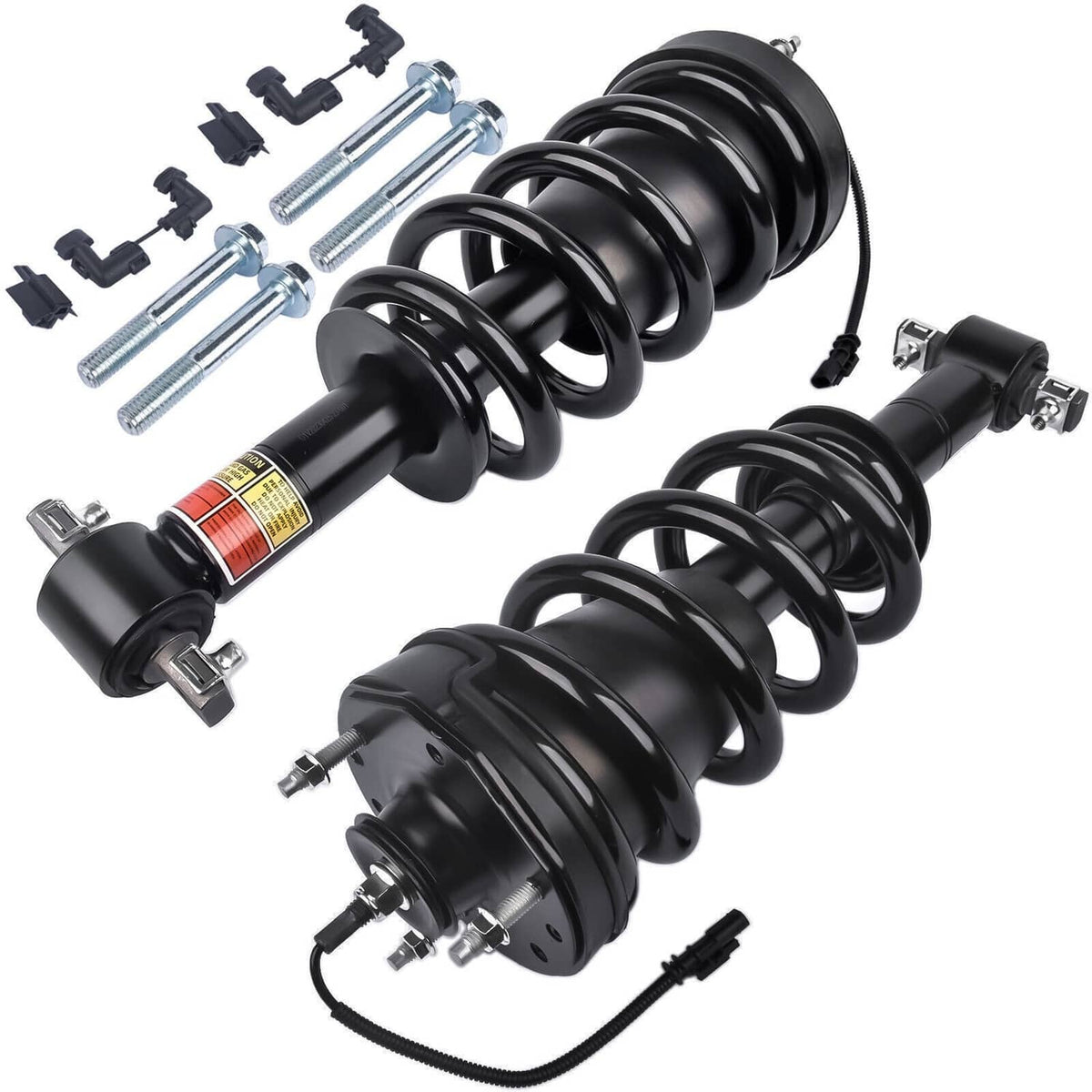 Front shock strut pair with coil springs, control lines, and included mounting bolts