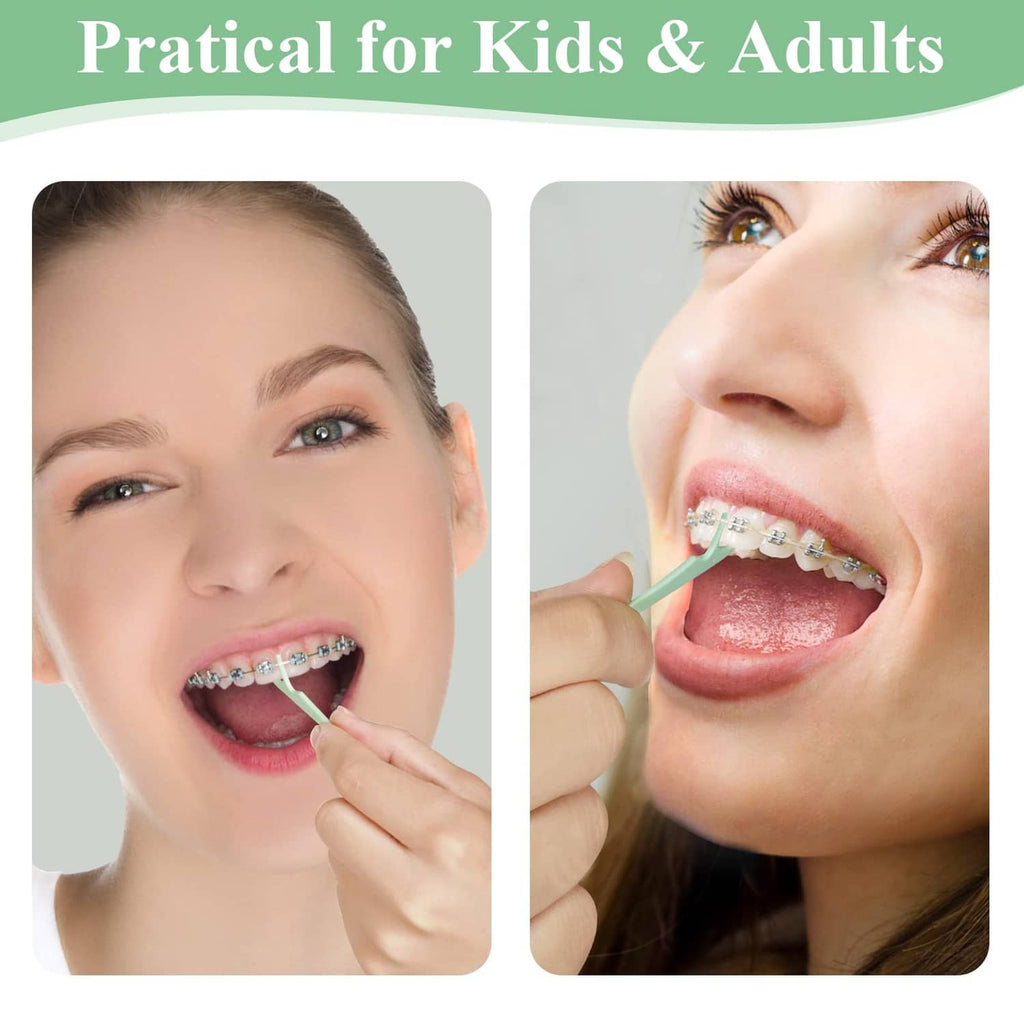 Toothpick-style orthodontic flosser for braces shown on kids and adults