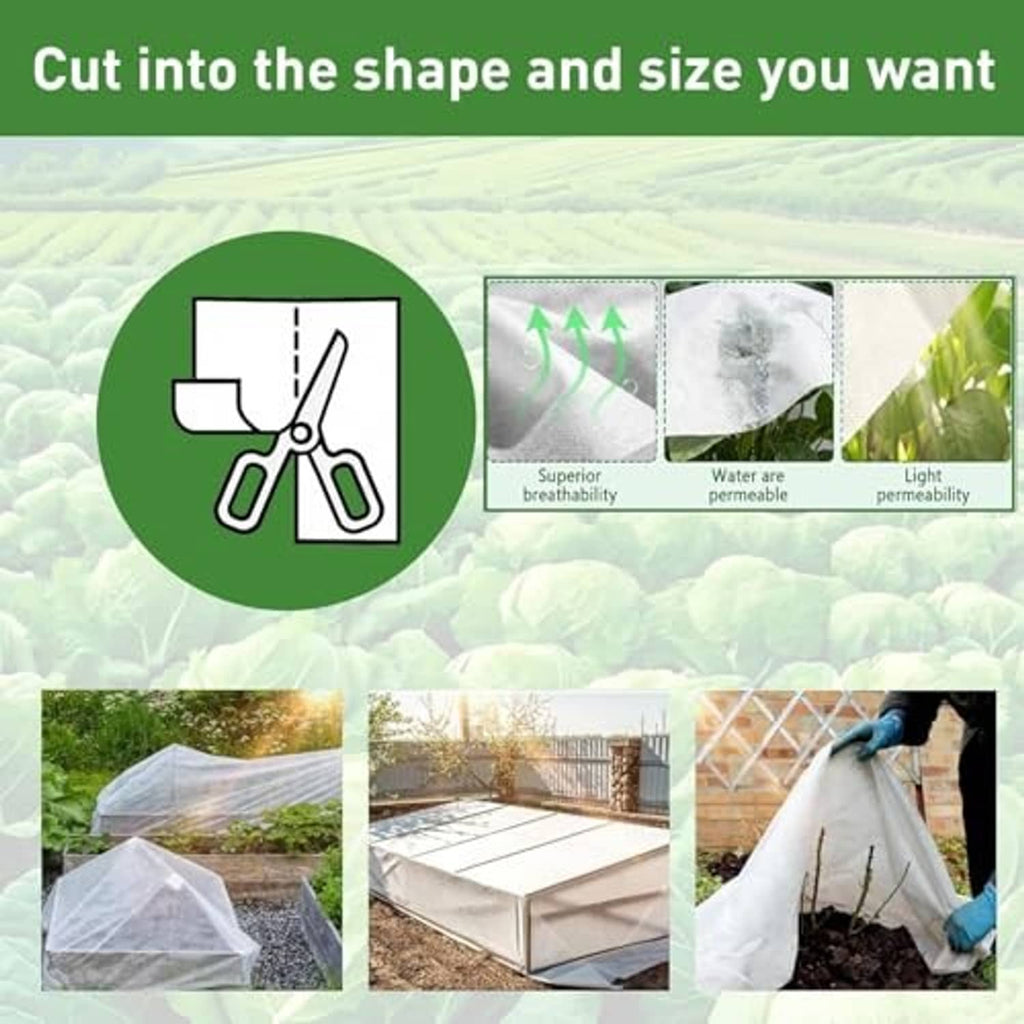 White non-woven sun shade cloth sheet with visible cutting and plant covering