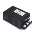 Black DC motor controller with vented case and three power terminals on mounting plate