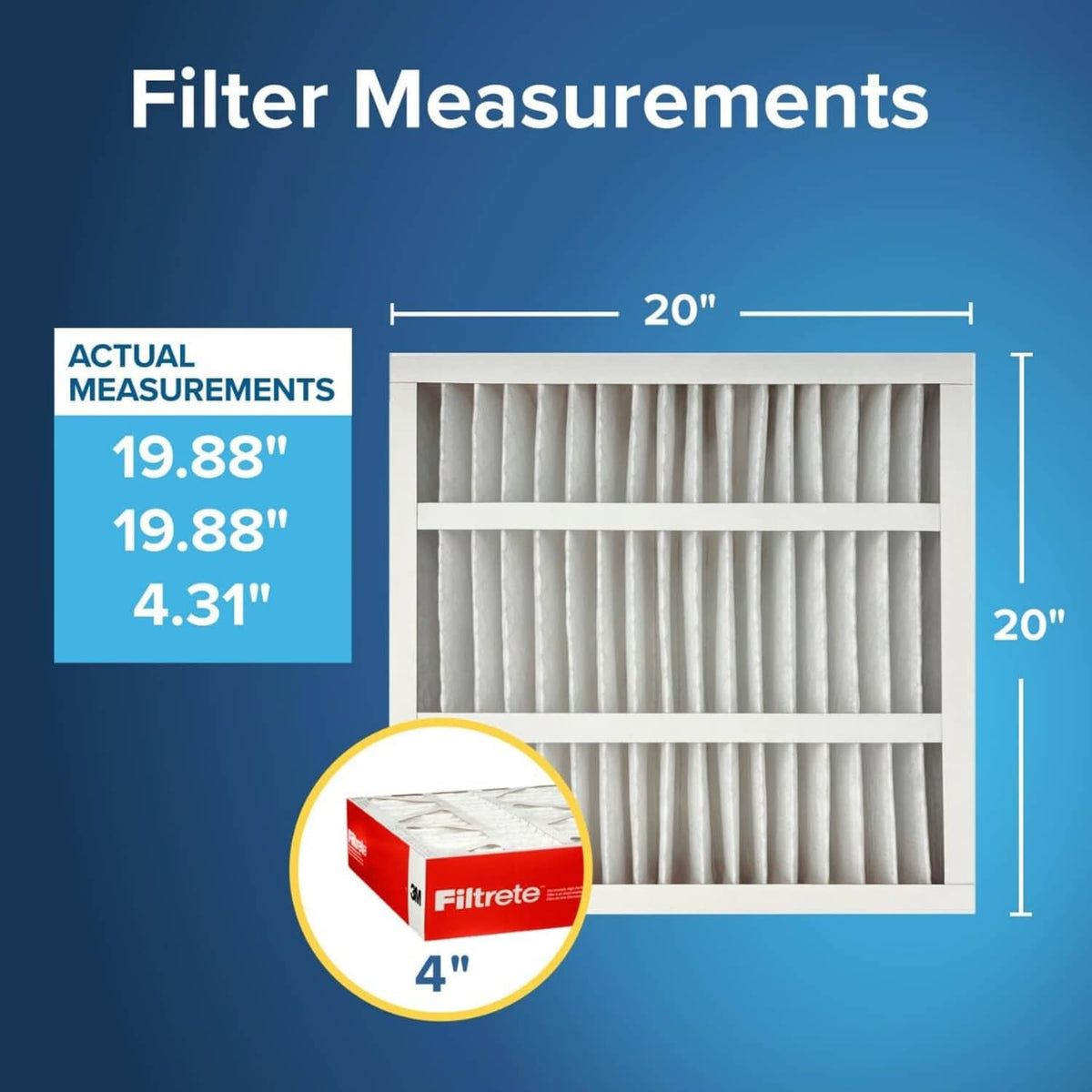 20 x 20 x 4 in white pleated furnace air filter with close-up thickness detail