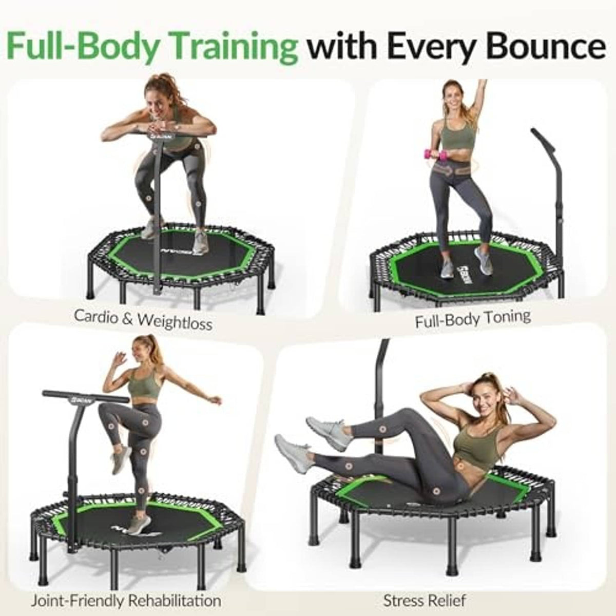 Octagonal rebounder trampoline with green-trim mat and handlebar, shown in multiple exercises