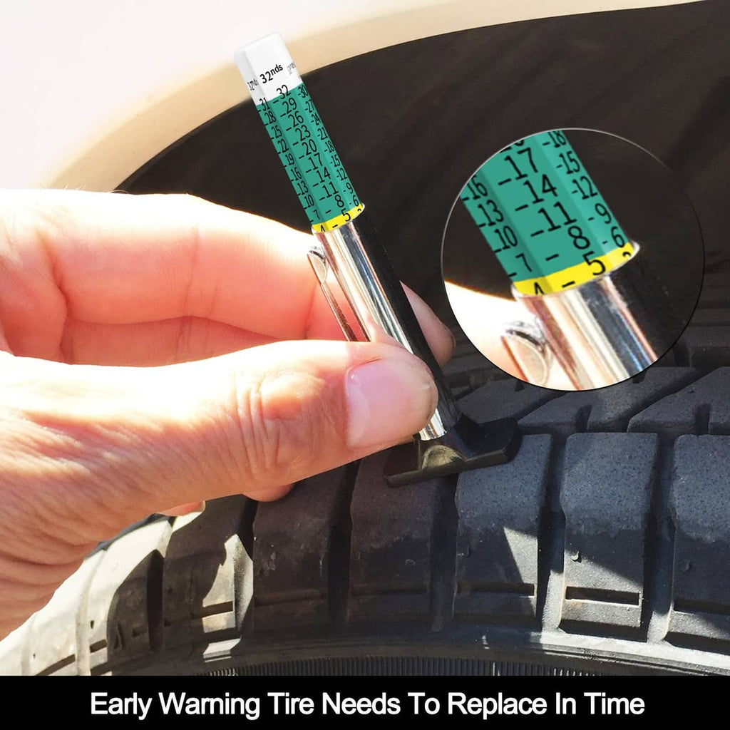 Hand measuring tire tread depth using a color scale gauge and metal needle