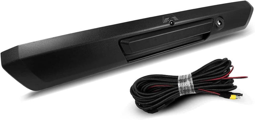 Tailgate handle backup camera with attached wiring harness, black rear-view unit