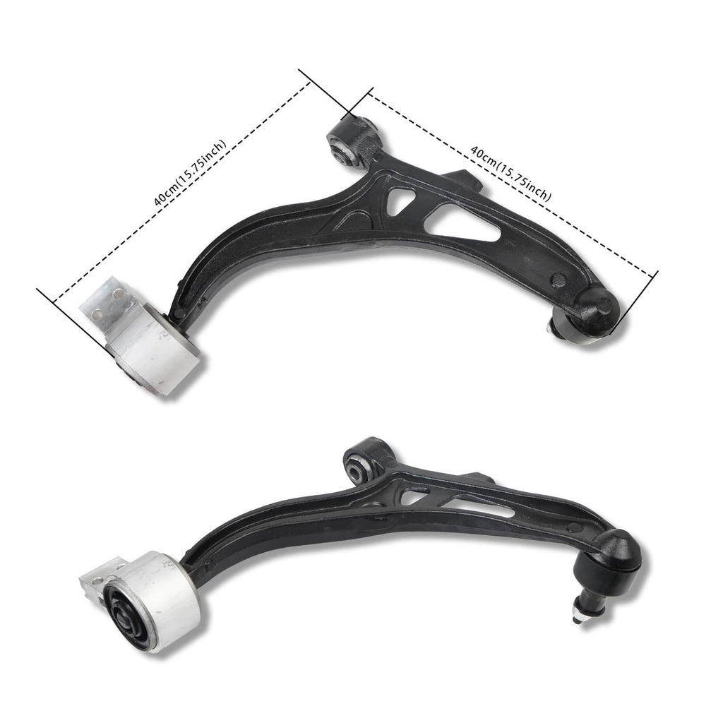 Front control arm with ball joint ends, curved black arm and silver joint housings