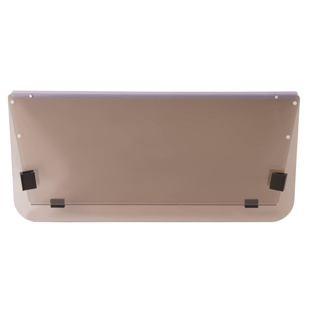 Tinted folding golf cart windshield back view with mounting blocks and fold bar
