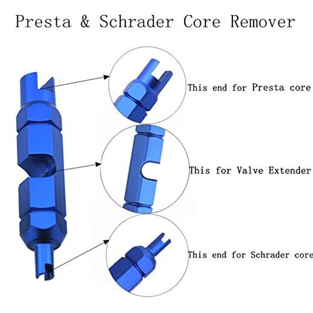 Blue valve core remover with multiple tips for Presta and Schrader core access