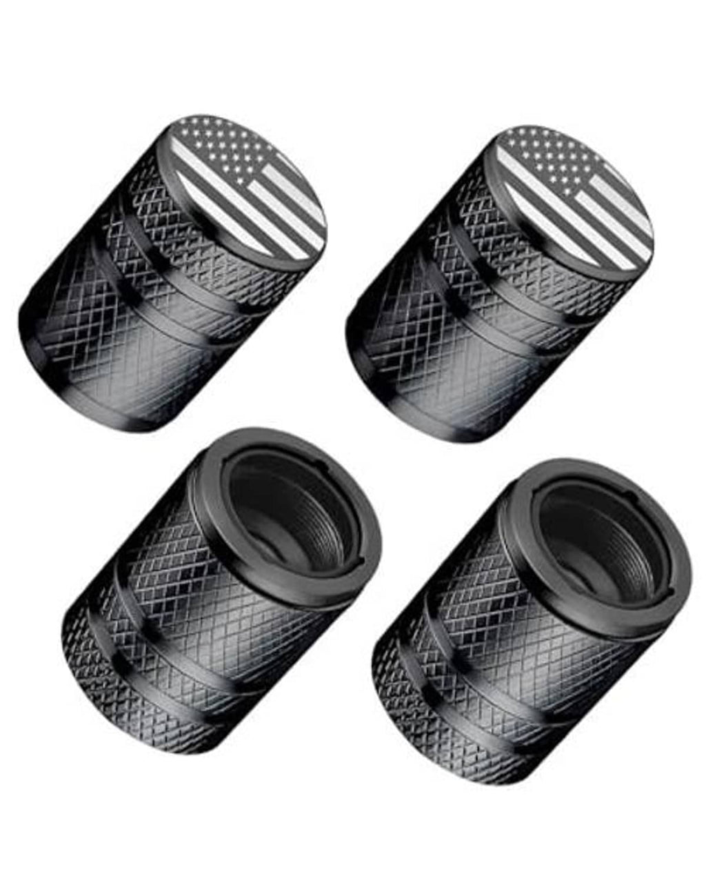 Set of four black tire valve stem caps with American flag insert and ridged texture