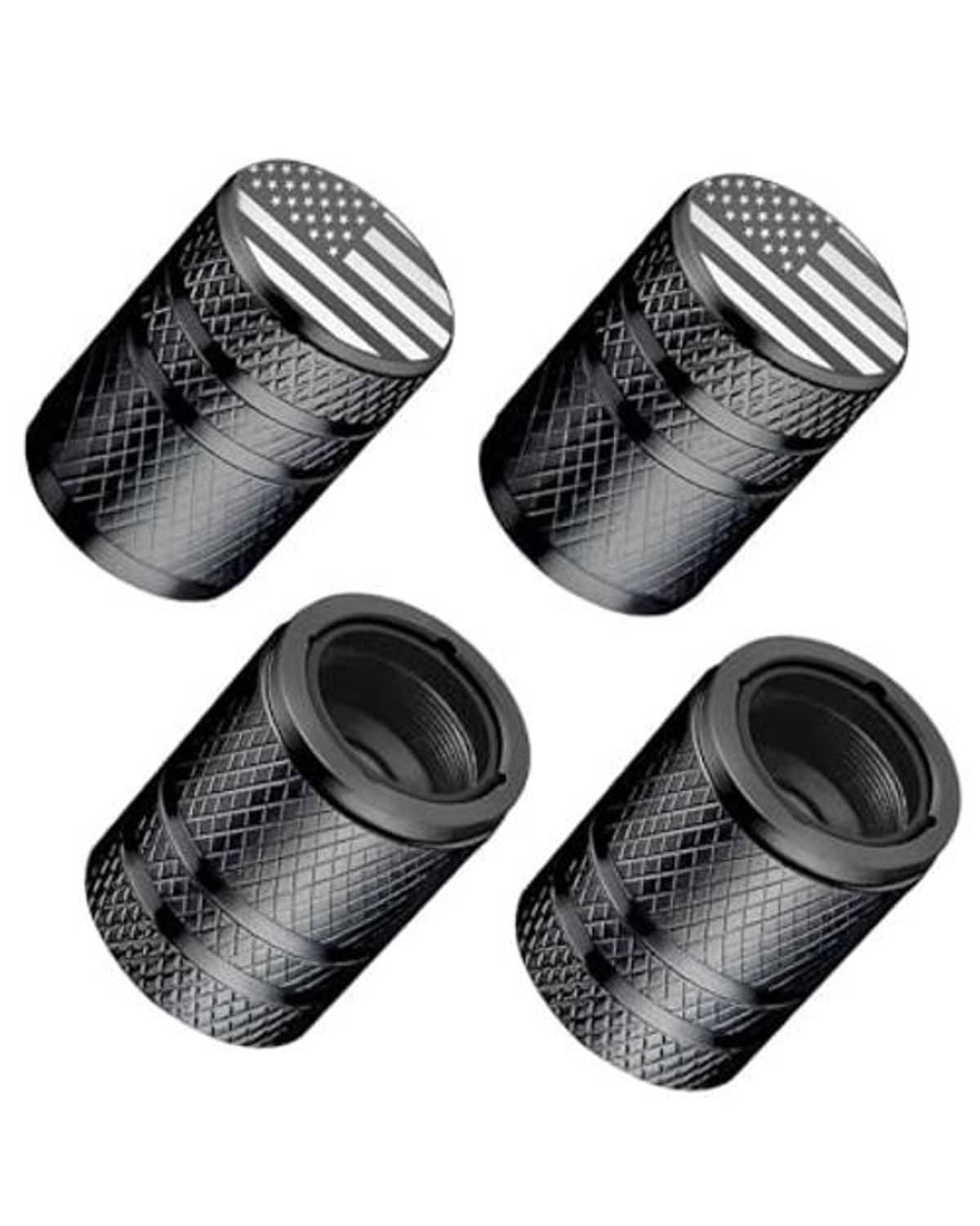 Set of four black tire valve stem caps with American flag insert and ridged texture
