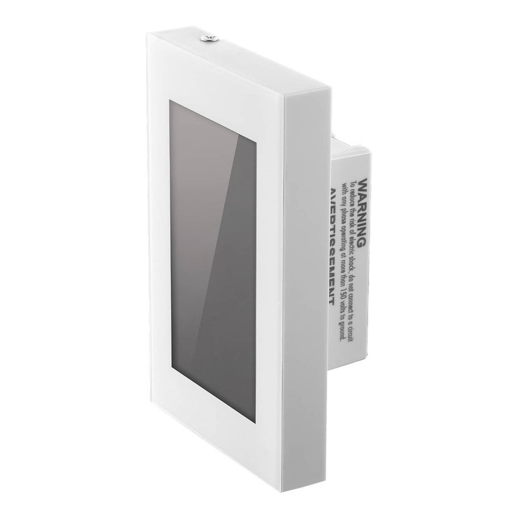 White wall thermostat angled view with dark LCD touchscreen and side module