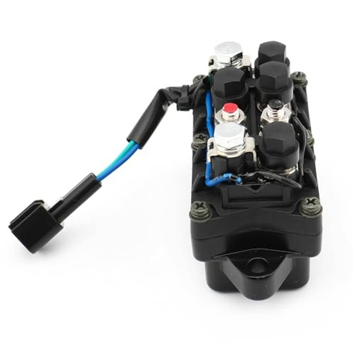 Black relay module with blue leads, metal terminals, and extended black connector plug