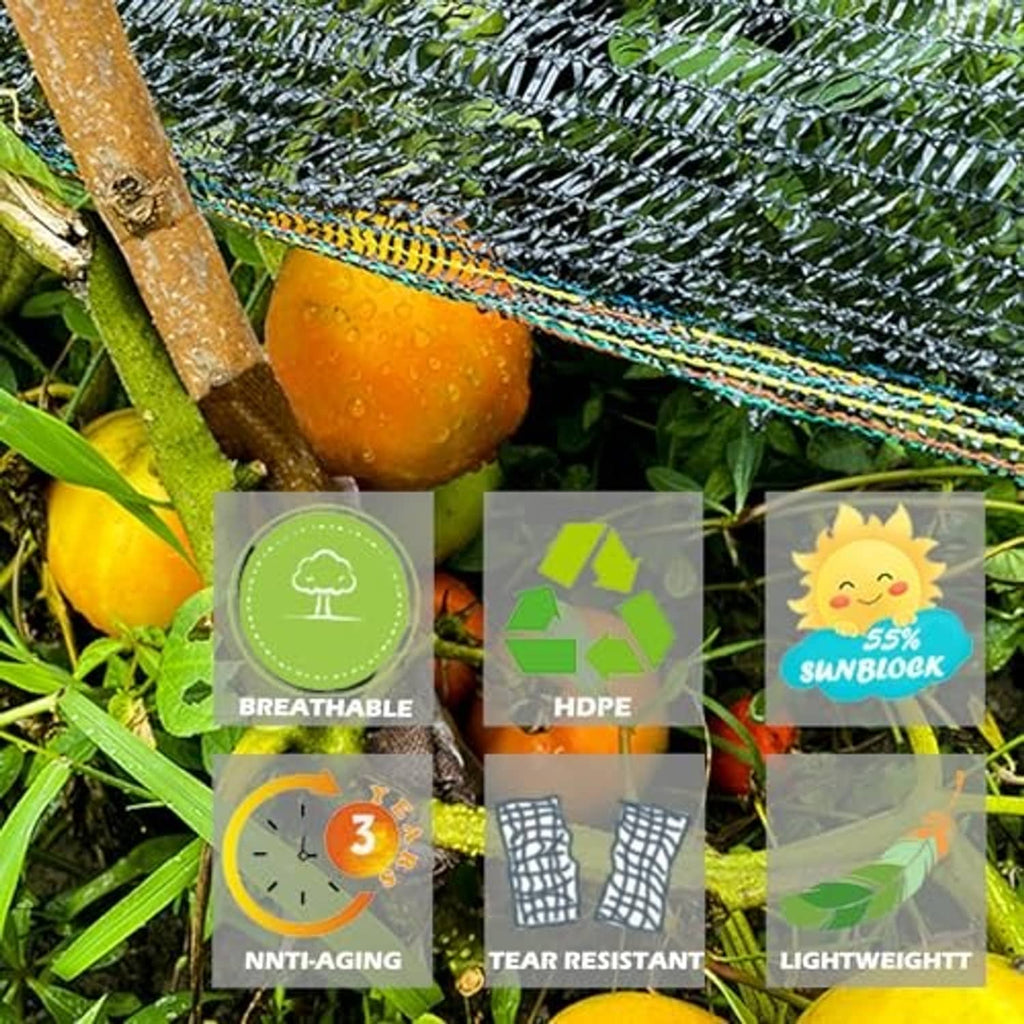 Dark mesh shade cloth stretched over garden plants