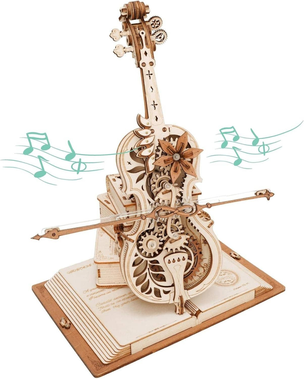 Wooden 3D mechanical cello model kit with decorative gears and bow on base