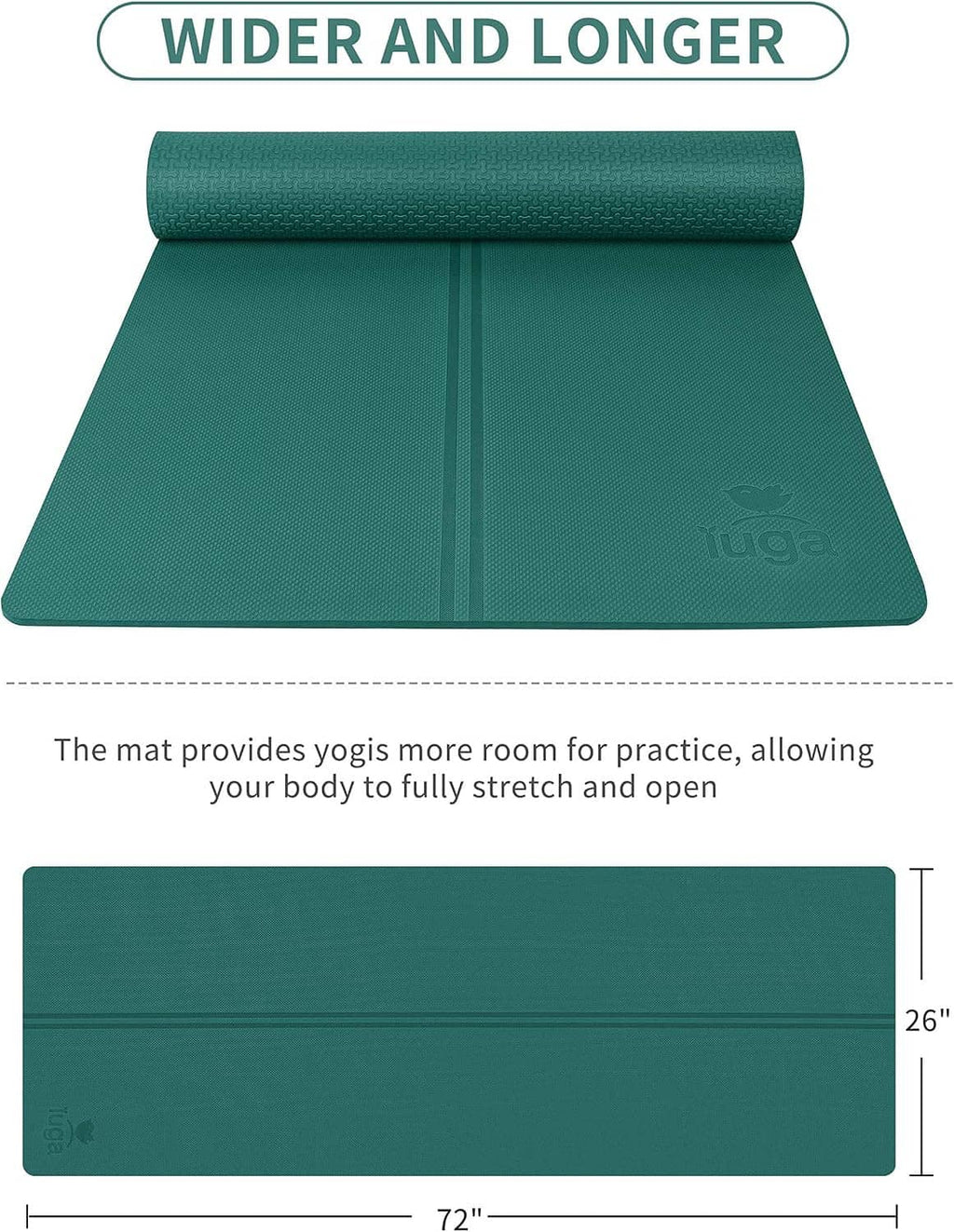 Teal yoga mat with center seam line, rolled edge, and matching textured grip