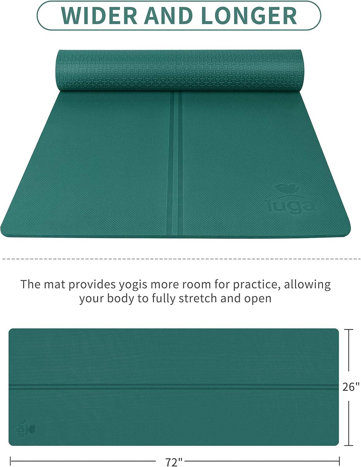 Teal yoga mat with center seam line, rolled edge, and matching textured grip