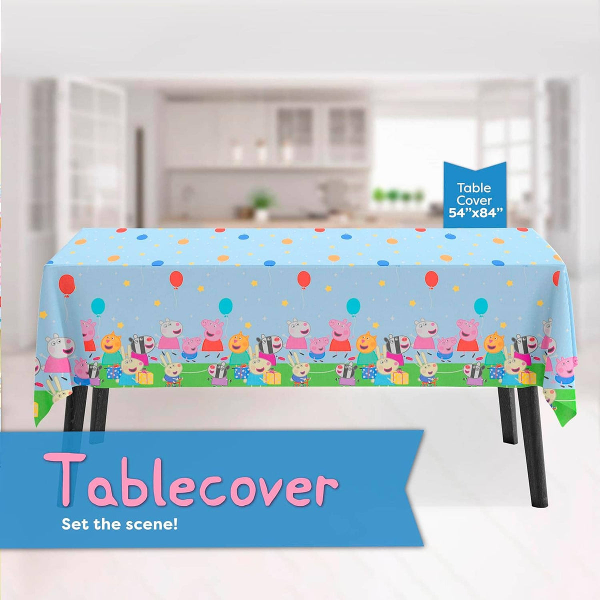 Peppa Pig birthday table cover with colorful character pattern, rectangular size