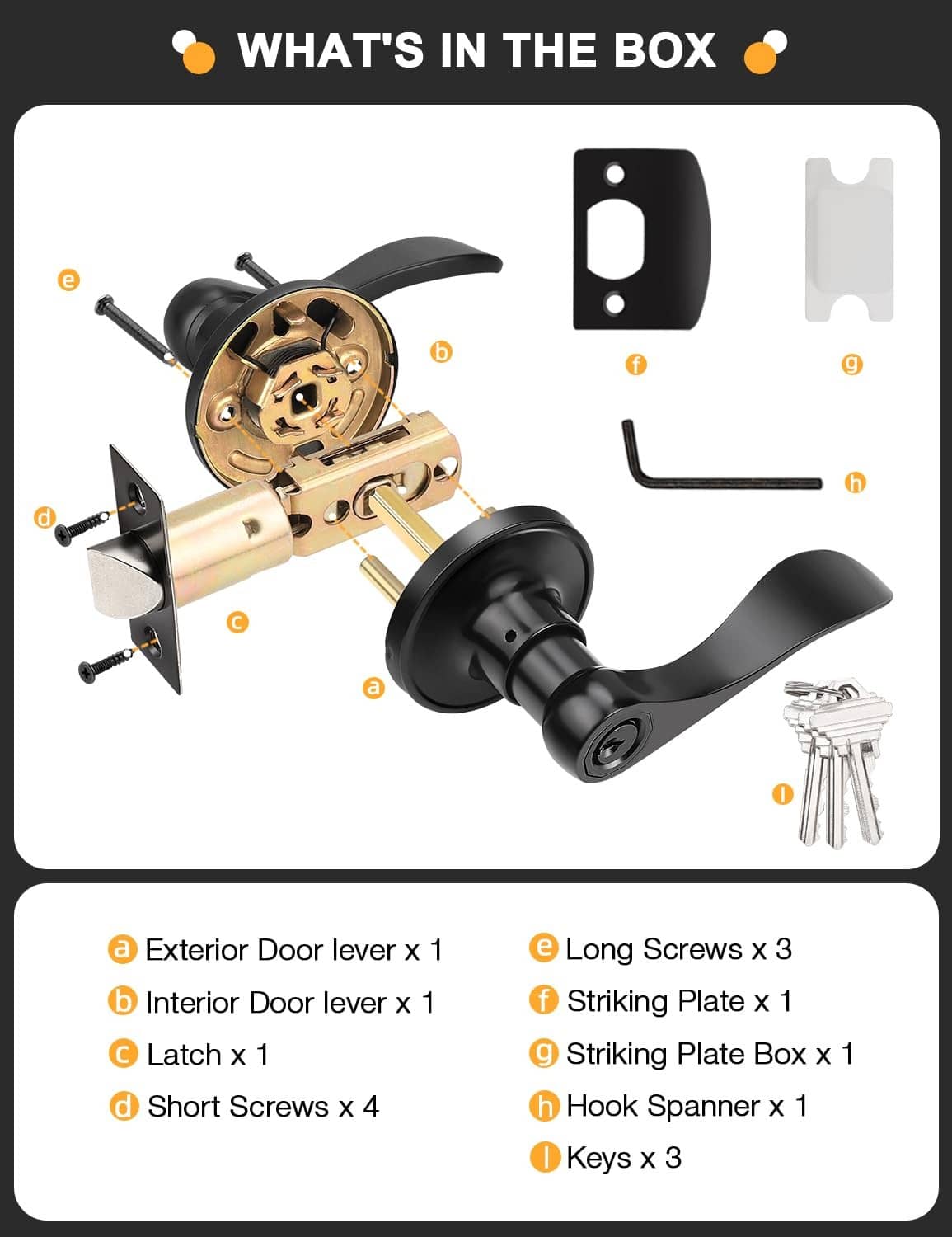 Matte black door lever hardware kit with keys and mounting components