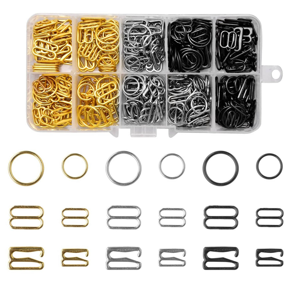 Metal bra strap hooks set in organizer box, multicolor finishes, multiple styles