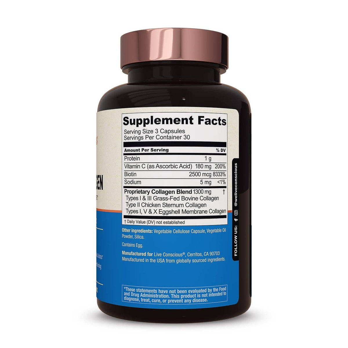 Collagen supplement bottle back label with Supplement Facts panel