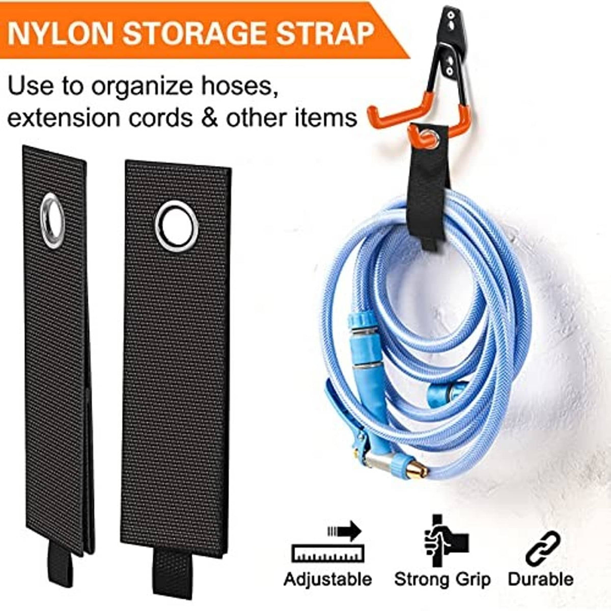 Black U hook with adjustable nylon storage strap holding a coiled hose