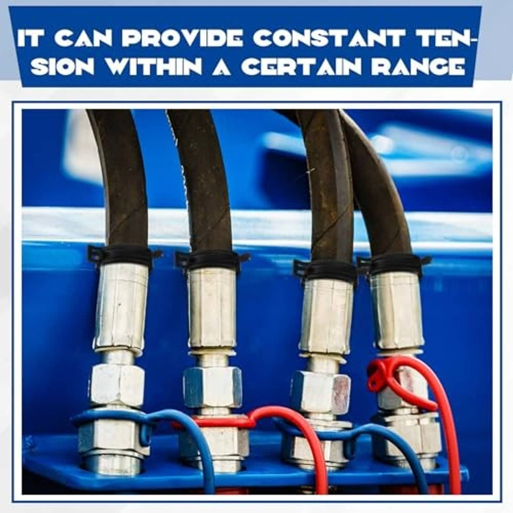 Black band hose clamps securing multiple hoses in a row