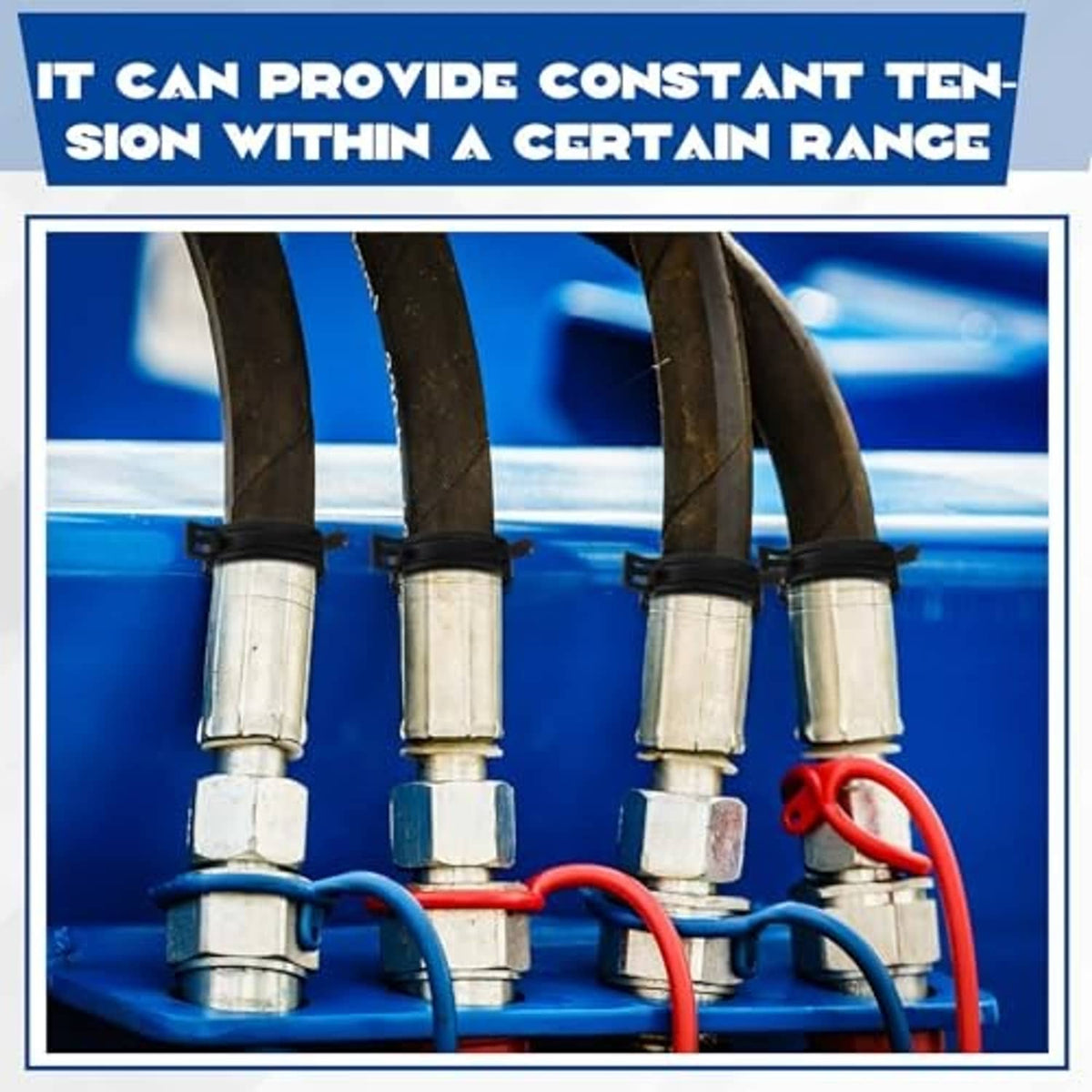 Black band hose clamps securing multiple hoses in a row