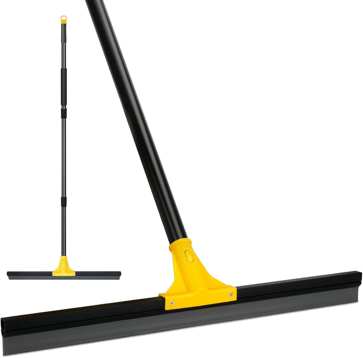 Yellow floor squeegee with 24-inch black rubber wiper blade and long handle
