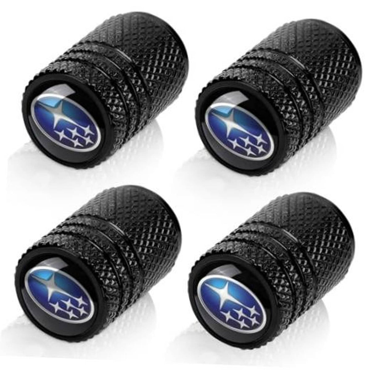 Set of 4 black tire valve stem caps with blue Subaru star emblem, textured grip.