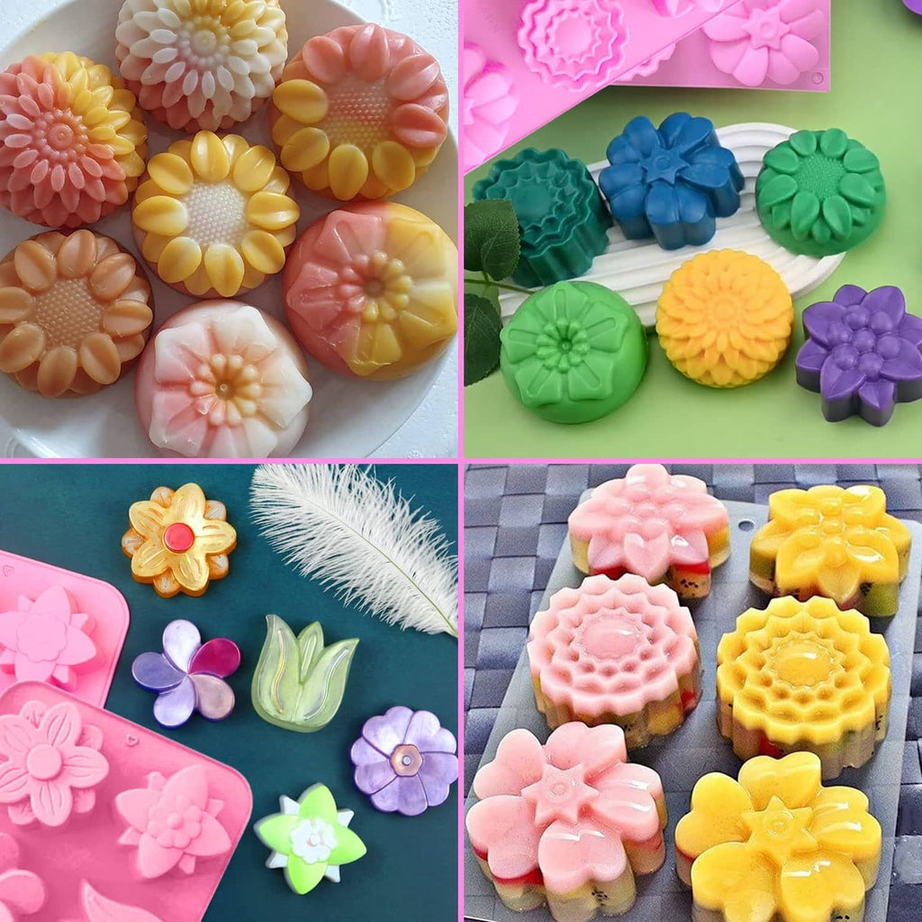 Flower-shaped molded soaps in pink, yellow, orange, green, and purple