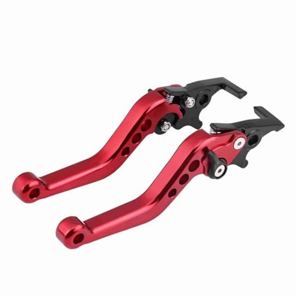 Red motorcycle brake lever assembly pair with black lever pads and drilled grip arms