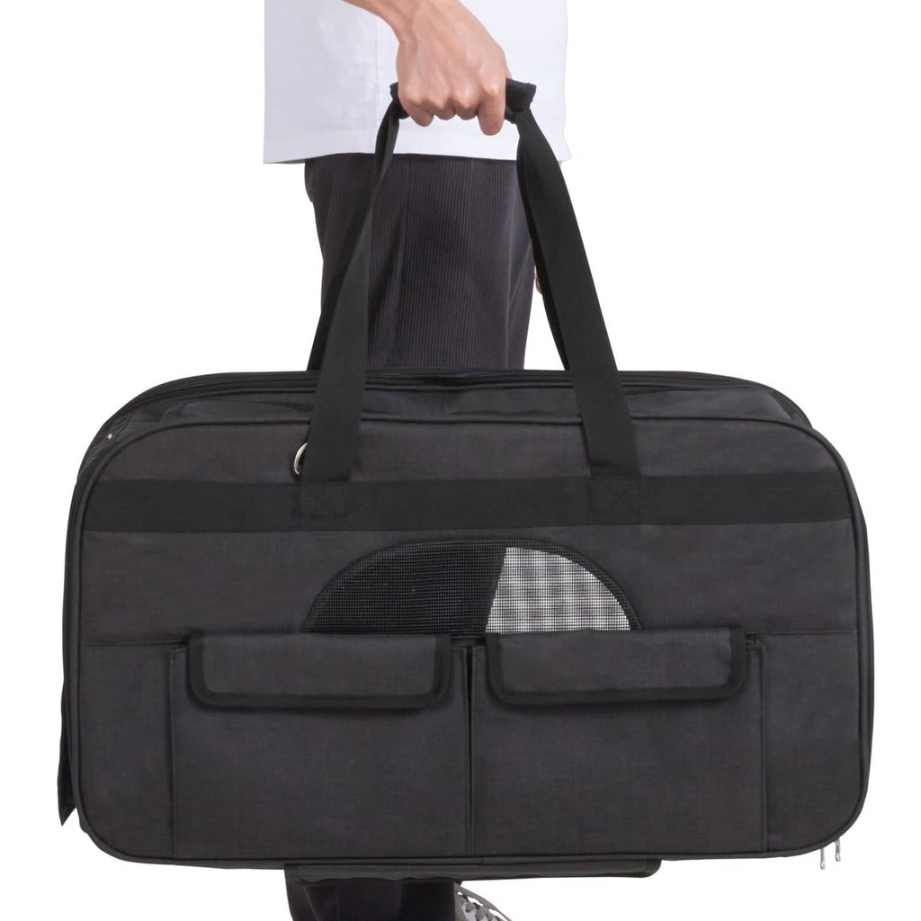 Black pet carrier with front mesh window and padded top carry handle
