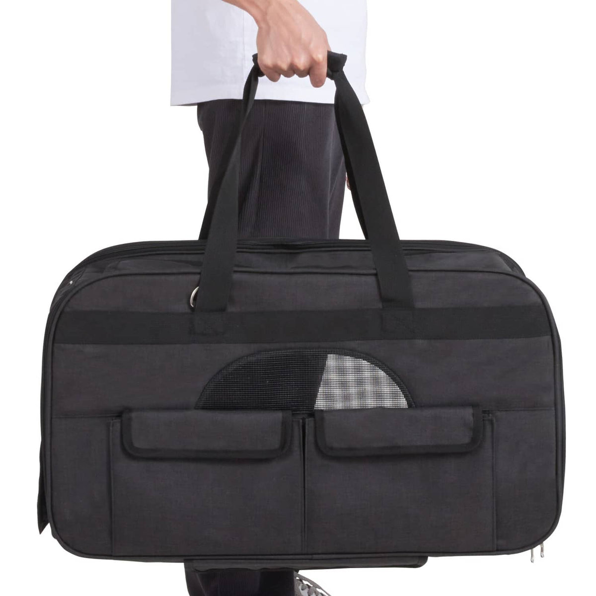 Black pet carrier with front mesh window and padded top carry handle