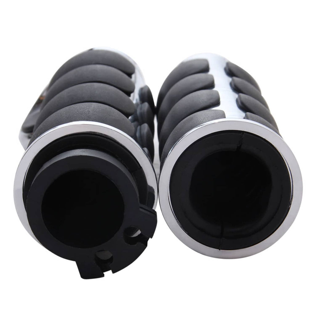 Motorcycle handlebar grips, end view with black rubber sleeves and chrome trim
